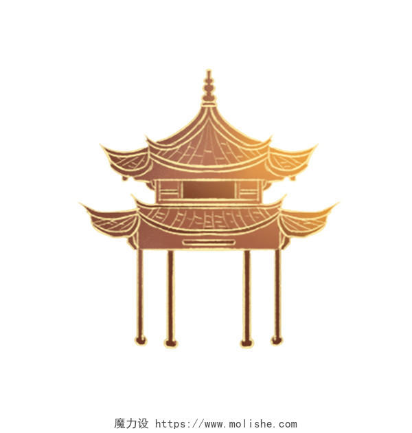 黄色手绘国潮古风中国风亭子建筑元素PNG素材